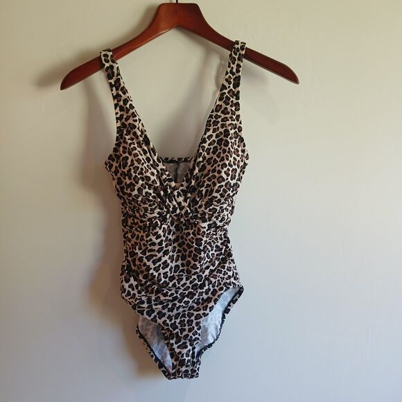 Shape & Style Aqua Green Shaping Swimsuit Size 6 Leopard Print Ruched One Piece - Picture 1 of 12